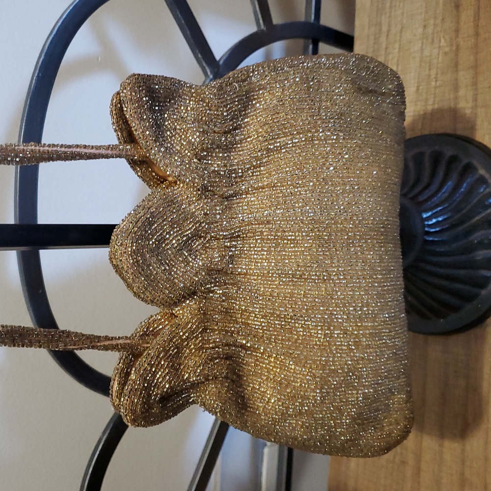 Vintage Gold Silk Hand Beaded Evening Bag w/ Vtg Mirror MCM Victorian
